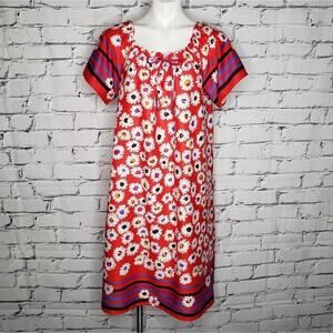 VTG Granada Red with White Flowers House Dress, size Small